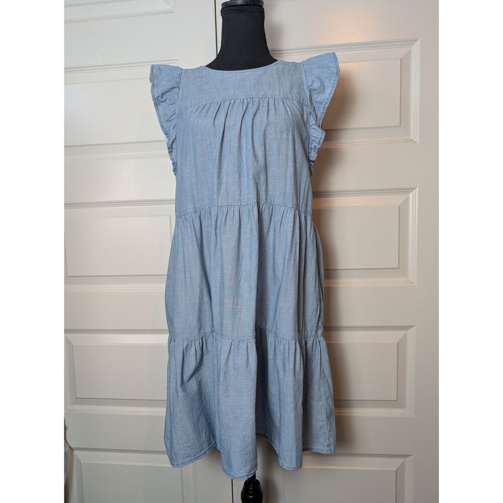 J. Crew Size 6 Chambray Dress Flutter Sleeve Babydoll Pockets Cotton Boho Chic - Picture 2 of 11